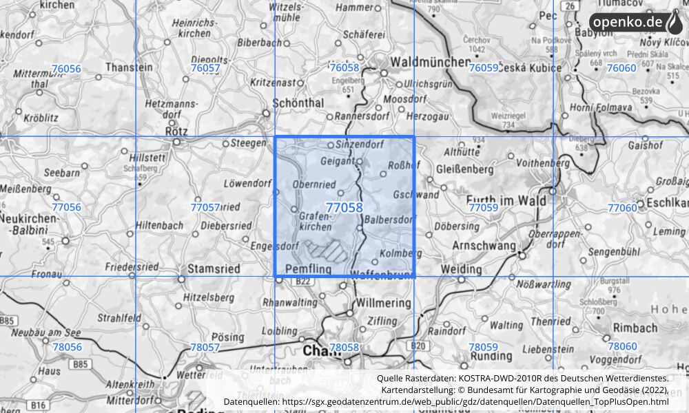 Übersichtskarte KOSTRA-DWD-2010R Rasterfeld Nr. 77058 mit angrenzenden Feldern