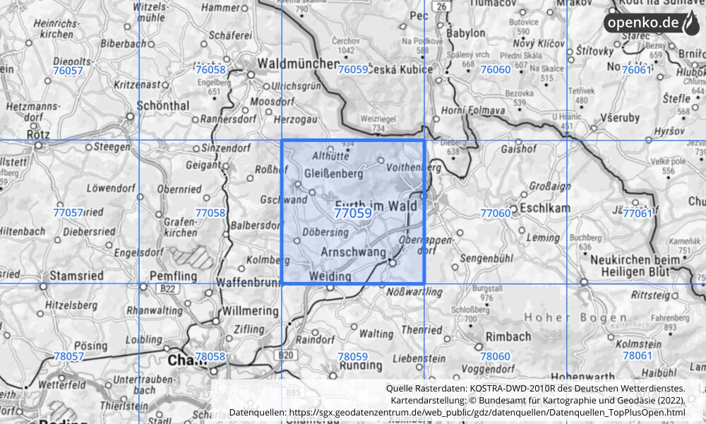 Übersichtskarte KOSTRA-DWD-2010R Rasterfeld Nr. 77059 mit angrenzenden Feldern
