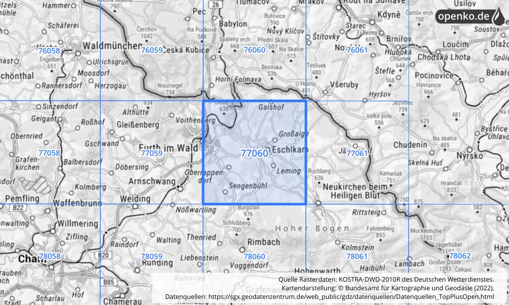 Übersichtskarte KOSTRA-DWD-2010R Rasterfeld Nr. 77060 mit angrenzenden Feldern