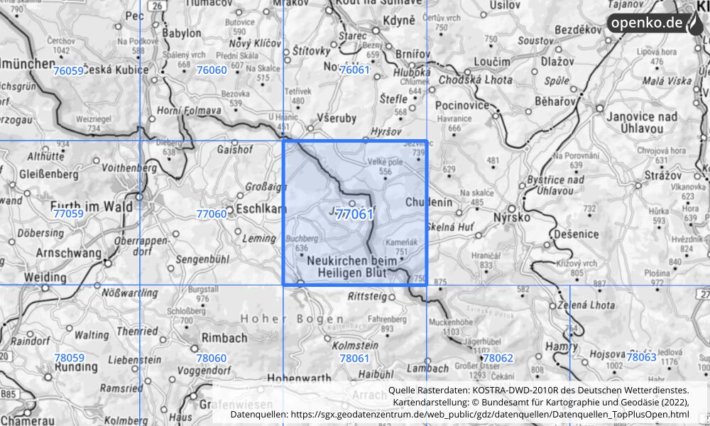 Übersichtskarte KOSTRA-DWD-2010R Rasterfeld Nr. 77061 mit angrenzenden Feldern