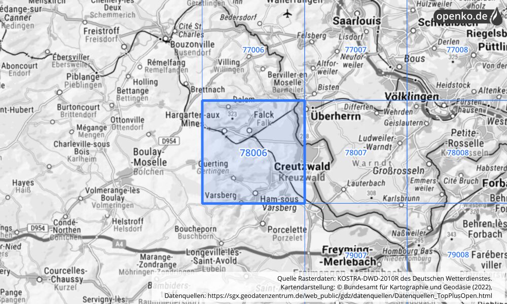 Übersichtskarte KOSTRA-DWD-2010R Rasterfeld Nr. 78006 mit angrenzenden Feldern