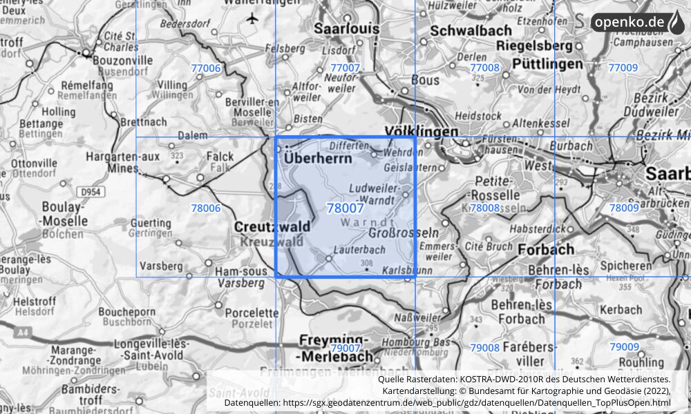 Übersichtskarte KOSTRA-DWD-2010R Rasterfeld Nr. 78007 mit angrenzenden Feldern