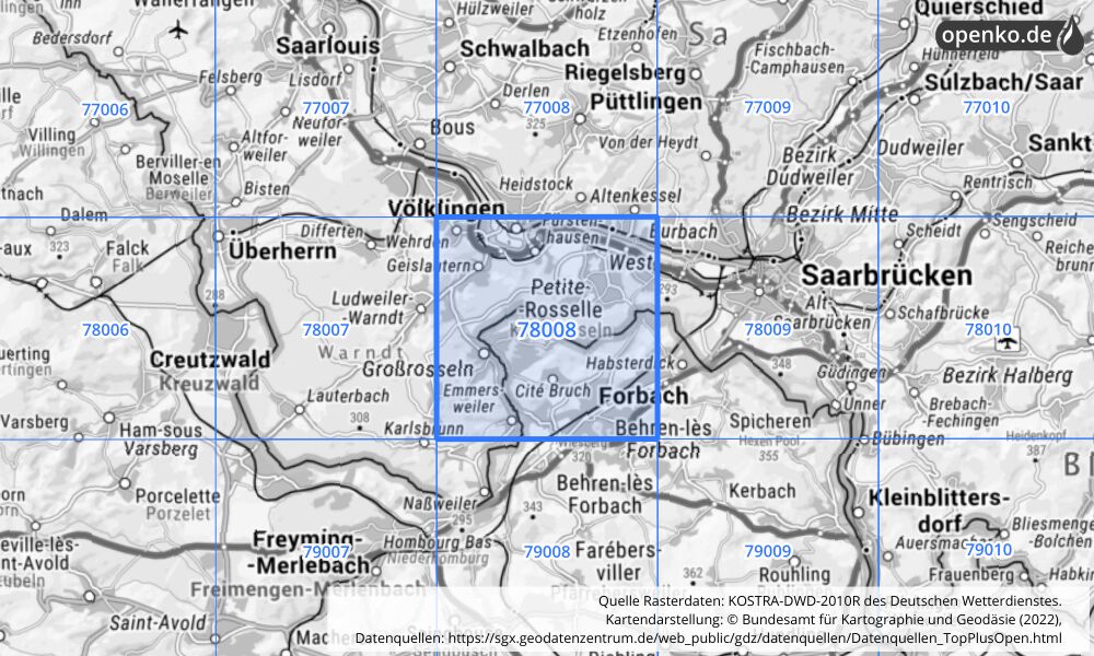 Übersichtskarte KOSTRA-DWD-2010R Rasterfeld Nr. 78008 mit angrenzenden Feldern