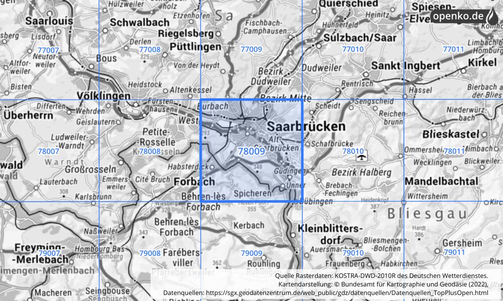 Übersichtskarte KOSTRA-DWD-2010R Rasterfeld Nr. 78009 mit angrenzenden Feldern