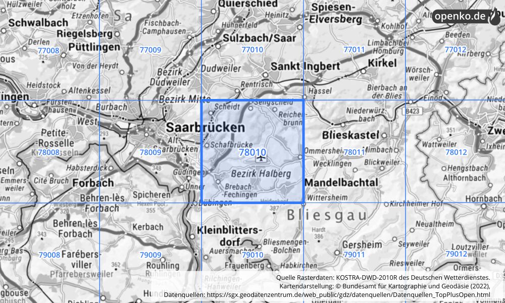 Übersichtskarte KOSTRA-DWD-2010R Rasterfeld Nr. 78010 mit angrenzenden Feldern