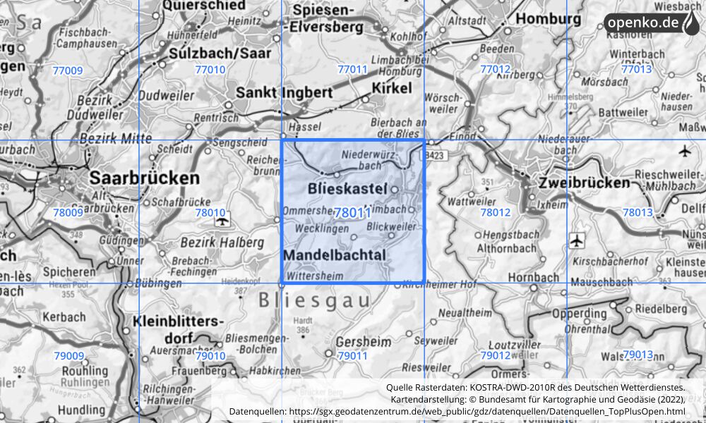 Übersichtskarte KOSTRA-DWD-2010R Rasterfeld Nr. 78011 mit angrenzenden Feldern