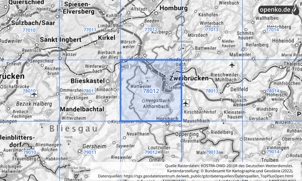 Übersichtskarte KOSTRA-DWD-2010R Rasterfeld Nr. 78012 mit angrenzenden Feldern