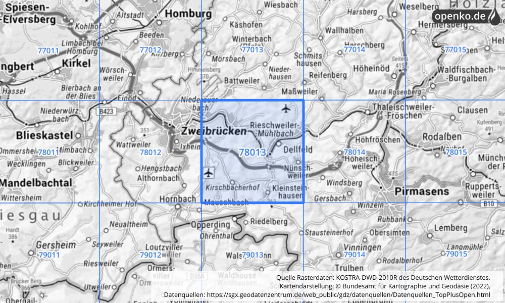 Übersichtskarte KOSTRA-DWD-2010R Rasterfeld Nr. 78013 mit angrenzenden Feldern