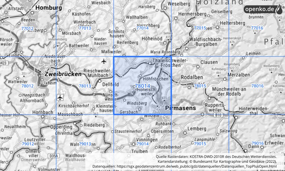 Übersichtskarte KOSTRA-DWD-2010R Rasterfeld Nr. 78014 mit angrenzenden Feldern