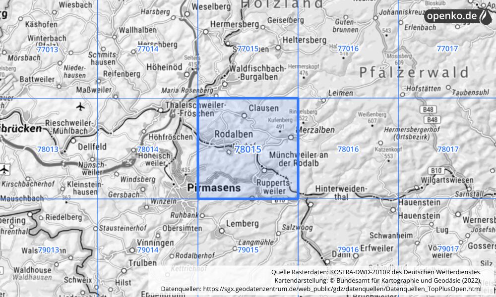 Übersichtskarte KOSTRA-DWD-2010R Rasterfeld Nr. 78015 mit angrenzenden Feldern