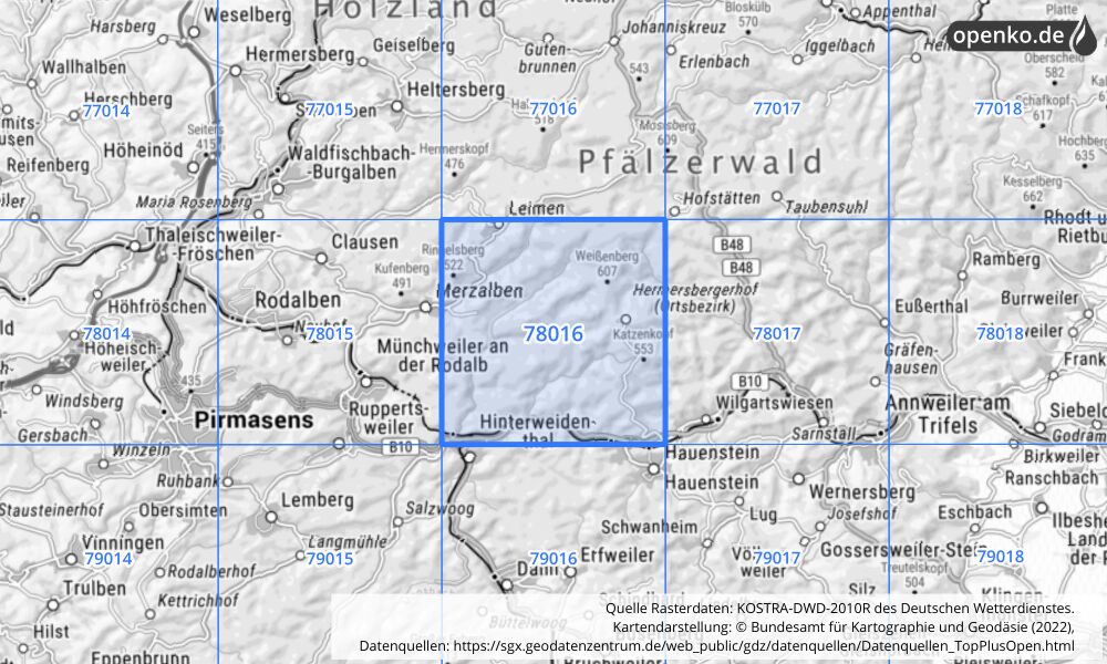 Übersichtskarte KOSTRA-DWD-2010R Rasterfeld Nr. 78016 mit angrenzenden Feldern