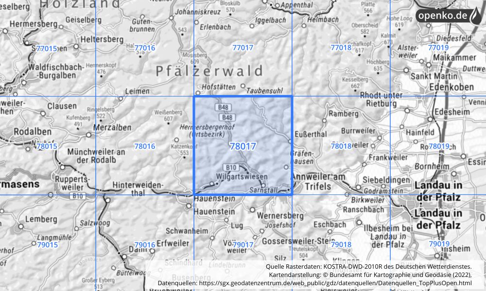 Übersichtskarte KOSTRA-DWD-2010R Rasterfeld Nr. 78017 mit angrenzenden Feldern