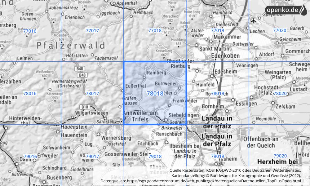 Übersichtskarte KOSTRA-DWD-2010R Rasterfeld Nr. 78018 mit angrenzenden Feldern