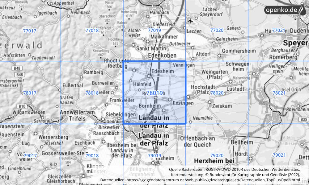 Übersichtskarte KOSTRA-DWD-2010R Rasterfeld Nr. 78019 mit angrenzenden Feldern