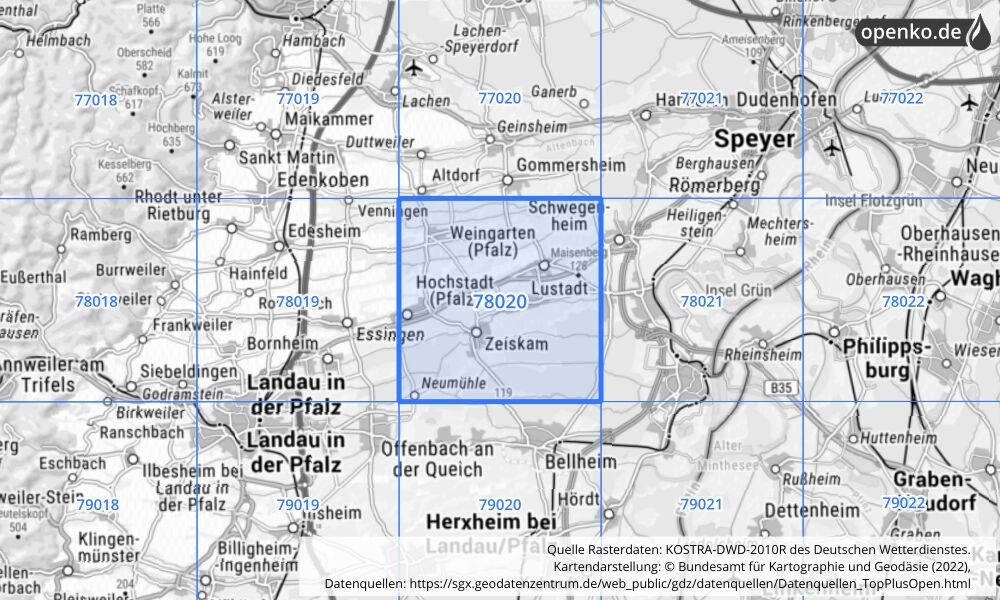 Übersichtskarte KOSTRA-DWD-2010R Rasterfeld Nr. 78020 mit angrenzenden Feldern