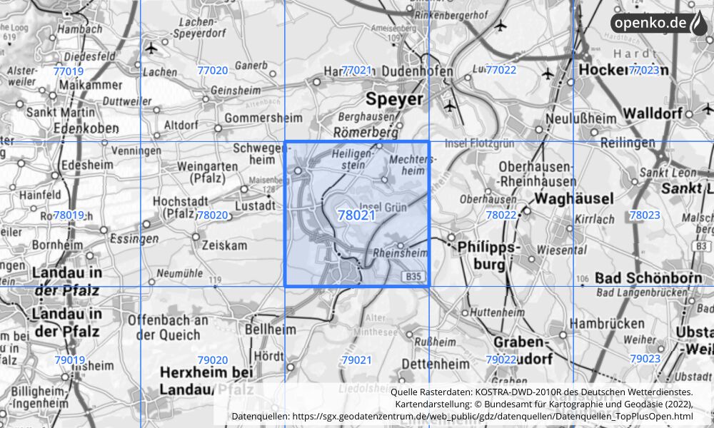 Übersichtskarte KOSTRA-DWD-2010R Rasterfeld Nr. 78021 mit angrenzenden Feldern