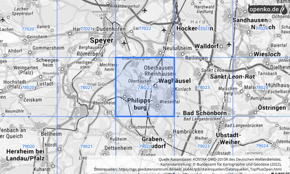 Übersichtskarte KOSTRA-DWD-2010R Rasterfeld Nr. 78022 mit angrenzenden Feldern