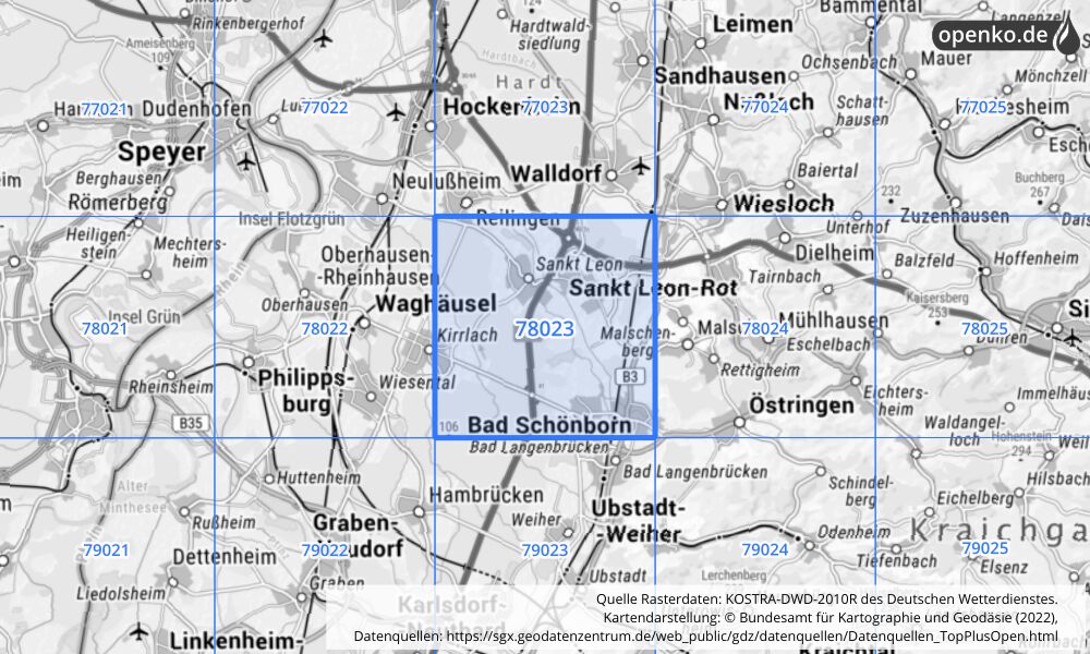 Übersichtskarte KOSTRA-DWD-2010R Rasterfeld Nr. 78023 mit angrenzenden Feldern