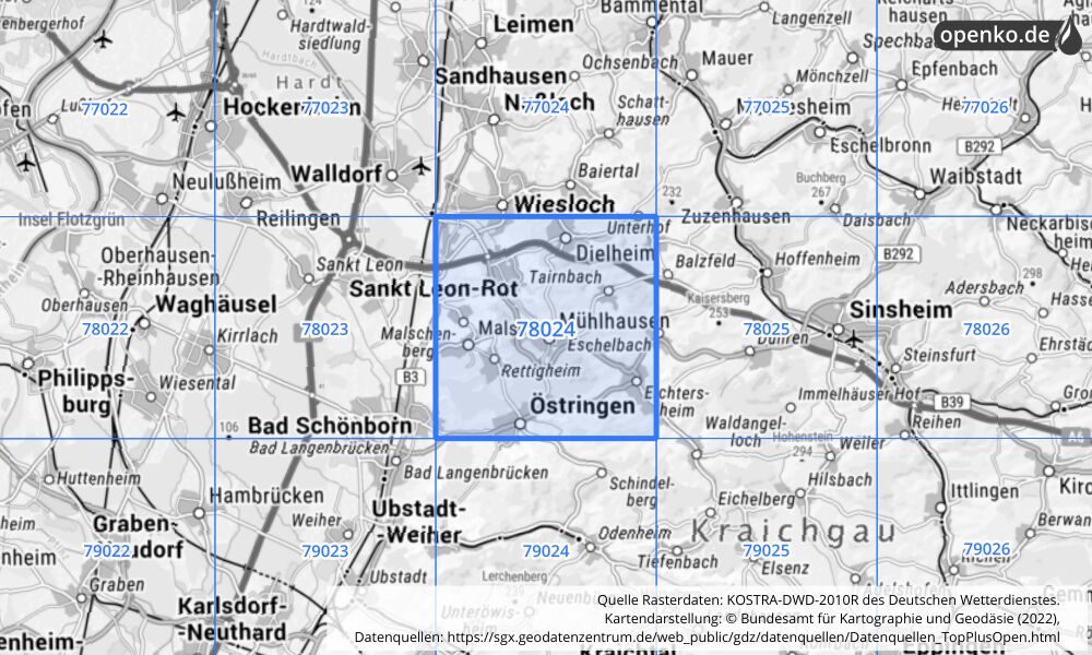 Übersichtskarte KOSTRA-DWD-2010R Rasterfeld Nr. 78024 mit angrenzenden Feldern