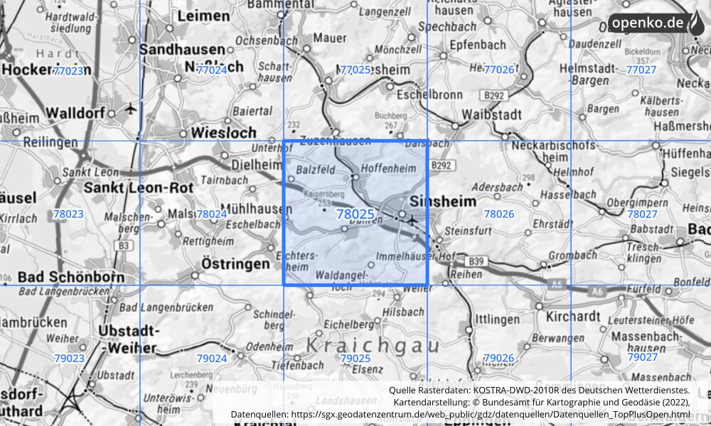 Übersichtskarte KOSTRA-DWD-2010R Rasterfeld Nr. 78025 mit angrenzenden Feldern