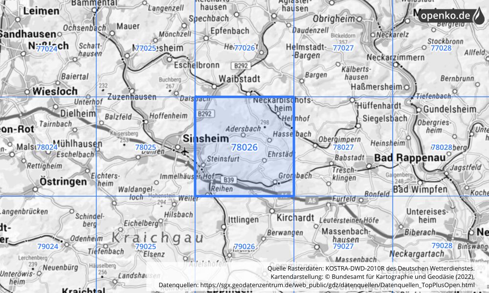 Übersichtskarte KOSTRA-DWD-2010R Rasterfeld Nr. 78026 mit angrenzenden Feldern