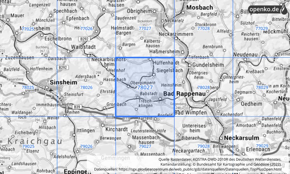 Übersichtskarte KOSTRA-DWD-2010R Rasterfeld Nr. 78027 mit angrenzenden Feldern