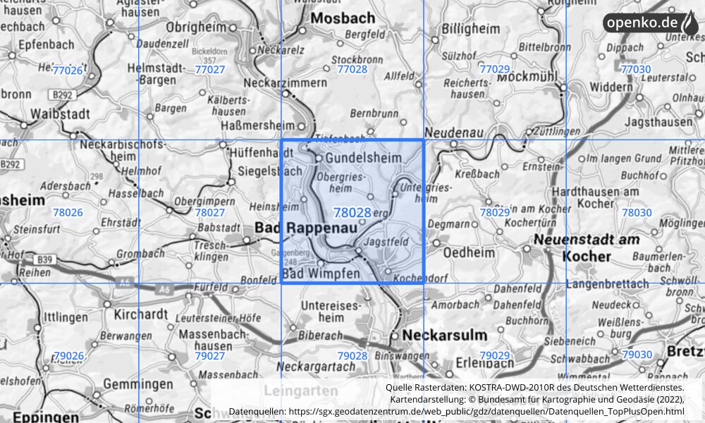 Übersichtskarte KOSTRA-DWD-2010R Rasterfeld Nr. 78028 mit angrenzenden Feldern