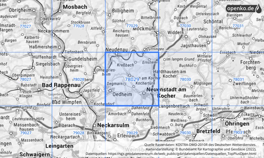 Übersichtskarte KOSTRA-DWD-2010R Rasterfeld Nr. 78029 mit angrenzenden Feldern