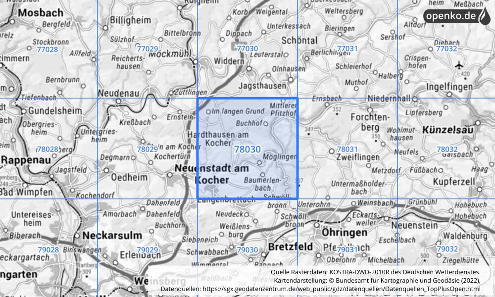 Übersichtskarte KOSTRA-DWD-2010R Rasterfeld Nr. 78030 mit angrenzenden Feldern