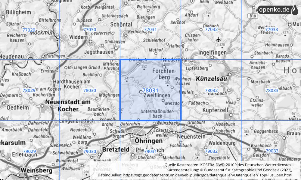 Übersichtskarte KOSTRA-DWD-2010R Rasterfeld Nr. 78031 mit angrenzenden Feldern