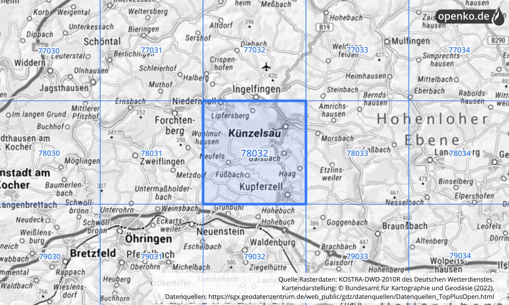 Übersichtskarte KOSTRA-DWD-2010R Rasterfeld Nr. 78032 mit angrenzenden Feldern