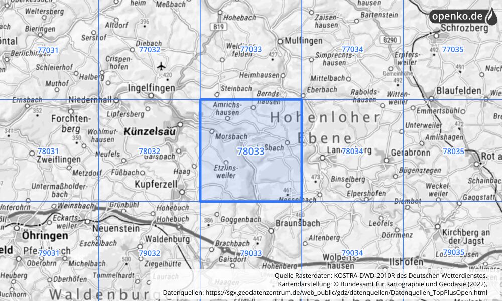 Übersichtskarte KOSTRA-DWD-2010R Rasterfeld Nr. 78033 mit angrenzenden Feldern