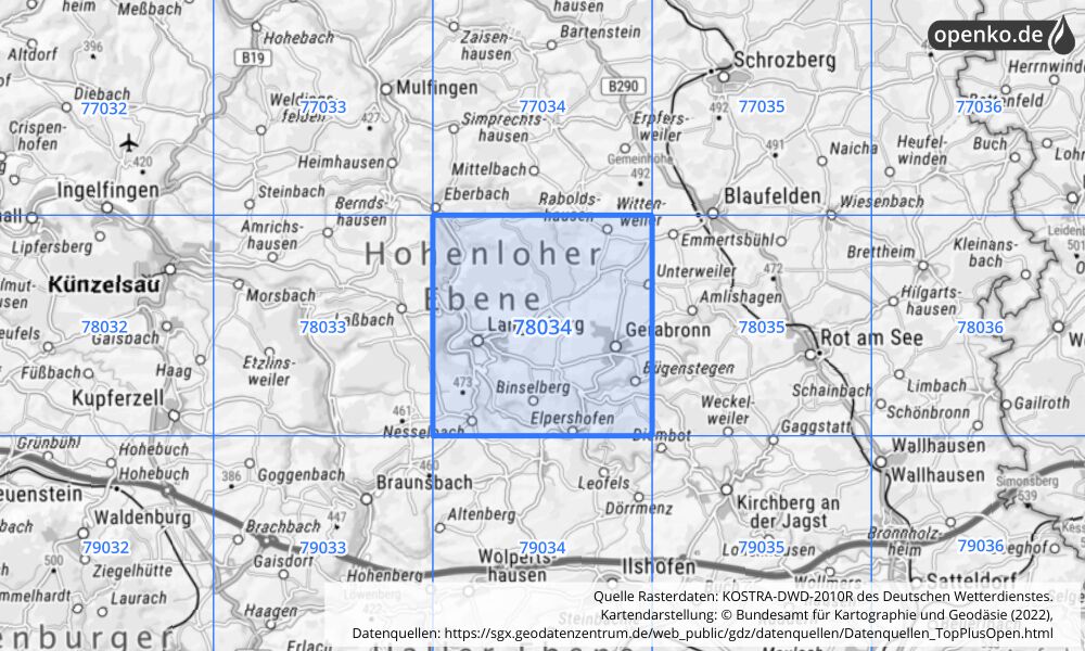 Übersichtskarte KOSTRA-DWD-2010R Rasterfeld Nr. 78034 mit angrenzenden Feldern