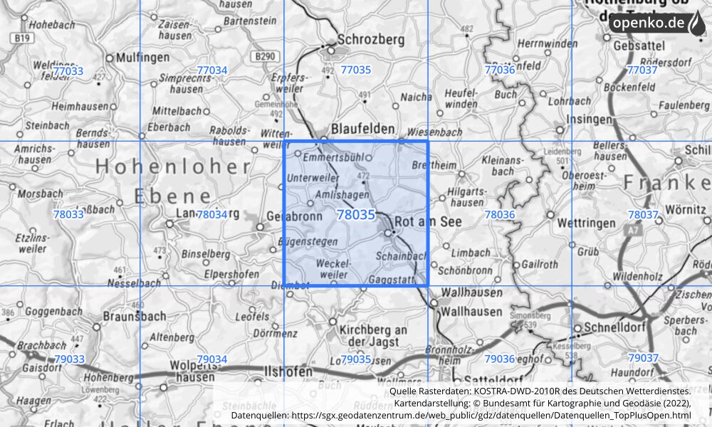 Übersichtskarte KOSTRA-DWD-2010R Rasterfeld Nr. 78035 mit angrenzenden Feldern