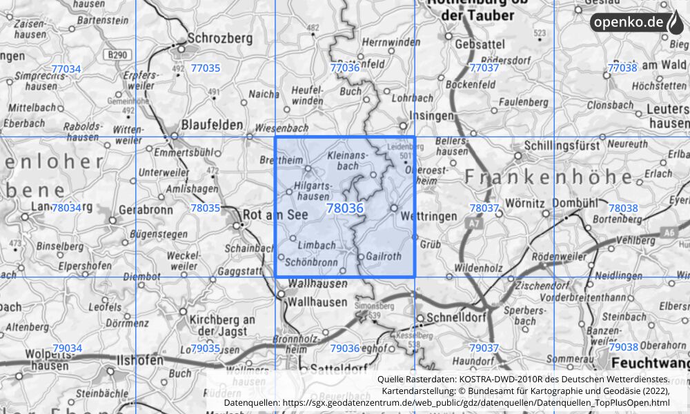 Übersichtskarte KOSTRA-DWD-2010R Rasterfeld Nr. 78036 mit angrenzenden Feldern