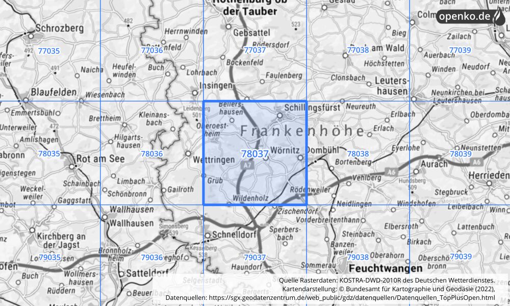 Übersichtskarte KOSTRA-DWD-2010R Rasterfeld Nr. 78037 mit angrenzenden Feldern