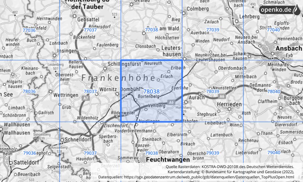 Übersichtskarte KOSTRA-DWD-2010R Rasterfeld Nr. 78038 mit angrenzenden Feldern