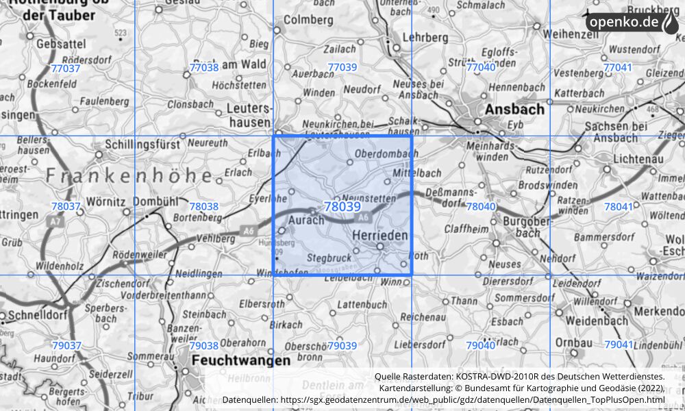 Übersichtskarte KOSTRA-DWD-2010R Rasterfeld Nr. 78039 mit angrenzenden Feldern