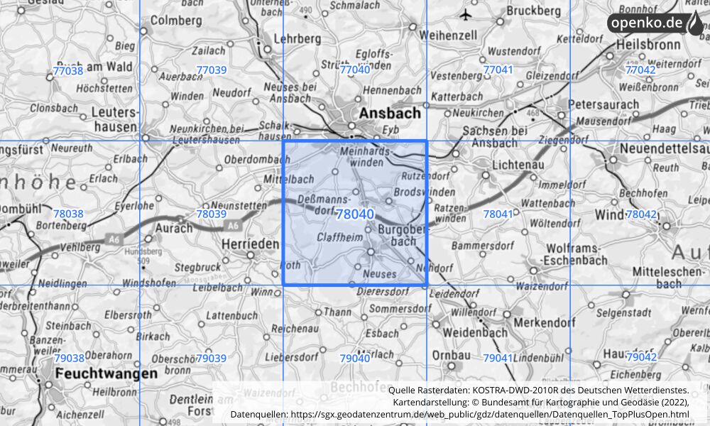 Übersichtskarte KOSTRA-DWD-2010R Rasterfeld Nr. 78040 mit angrenzenden Feldern