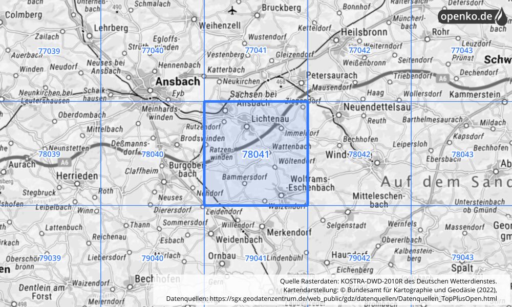 Übersichtskarte KOSTRA-DWD-2010R Rasterfeld Nr. 78041 mit angrenzenden Feldern