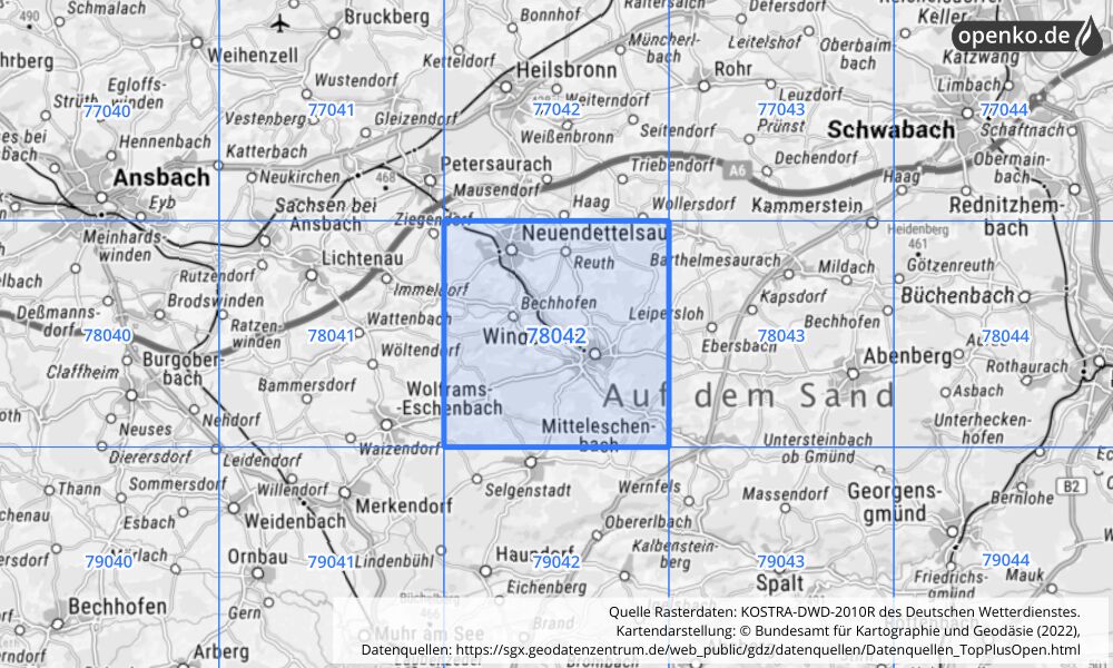 Übersichtskarte KOSTRA-DWD-2010R Rasterfeld Nr. 78042 mit angrenzenden Feldern