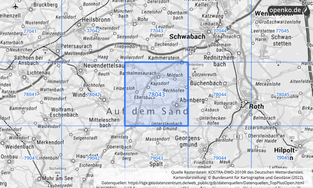 Übersichtskarte KOSTRA-DWD-2010R Rasterfeld Nr. 78043 mit angrenzenden Feldern