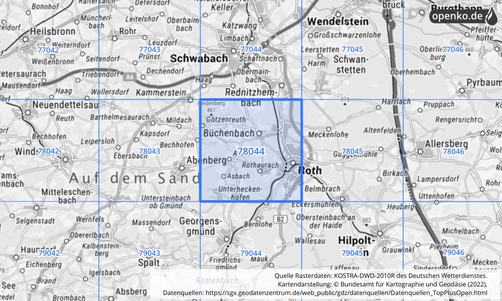 Übersichtskarte KOSTRA-DWD-2010R Rasterfeld Nr. 78044 mit angrenzenden Feldern