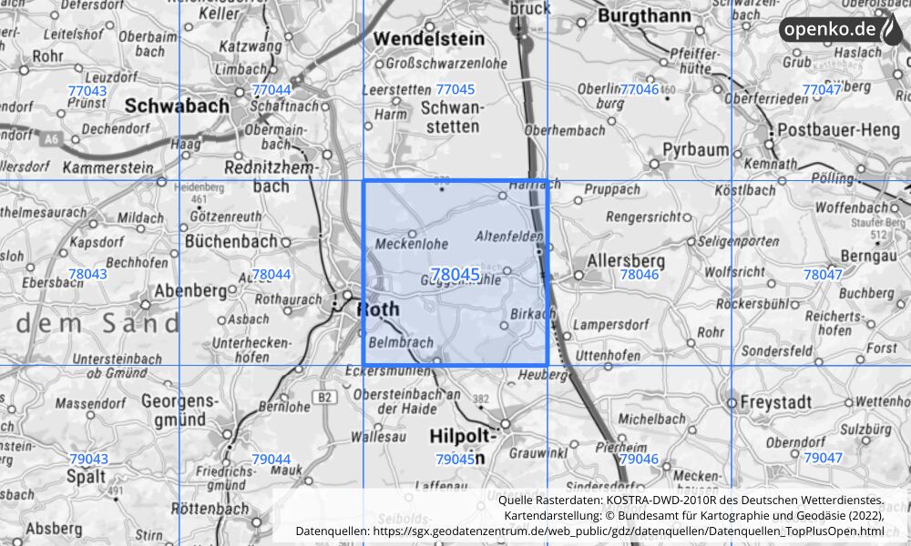 Übersichtskarte KOSTRA-DWD-2010R Rasterfeld Nr. 78045 mit angrenzenden Feldern