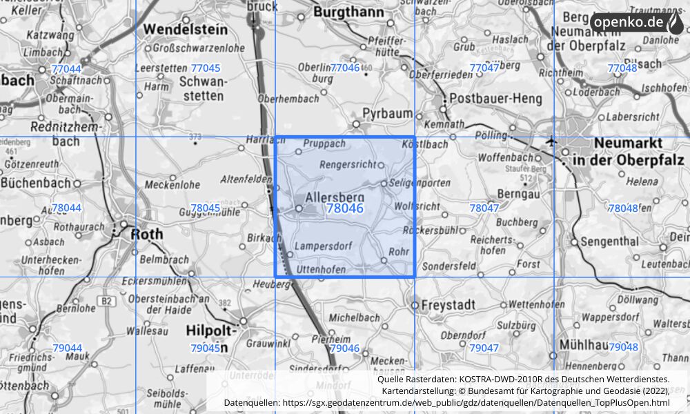 Übersichtskarte KOSTRA-DWD-2010R Rasterfeld Nr. 78046 mit angrenzenden Feldern