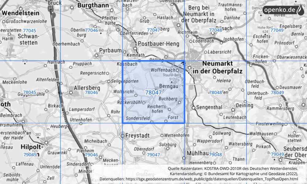Übersichtskarte KOSTRA-DWD-2010R Rasterfeld Nr. 78047 mit angrenzenden Feldern