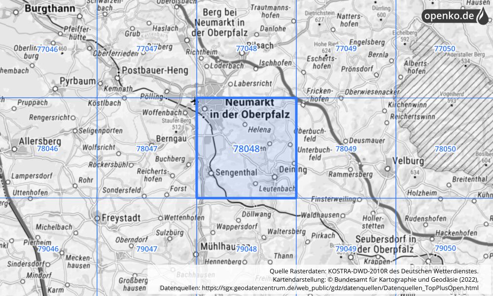 Übersichtskarte KOSTRA-DWD-2010R Rasterfeld Nr. 78048 mit angrenzenden Feldern