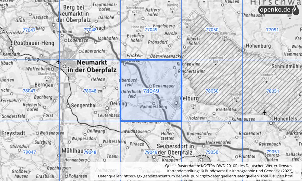 Übersichtskarte KOSTRA-DWD-2010R Rasterfeld Nr. 78049 mit angrenzenden Feldern