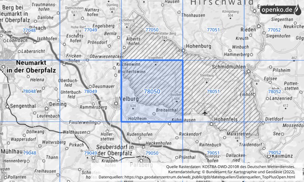 Übersichtskarte KOSTRA-DWD-2010R Rasterfeld Nr. 78050 mit angrenzenden Feldern