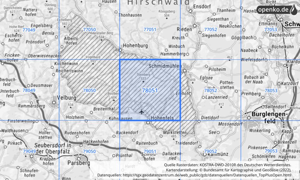 Übersichtskarte KOSTRA-DWD-2010R Rasterfeld Nr. 78051 mit angrenzenden Feldern